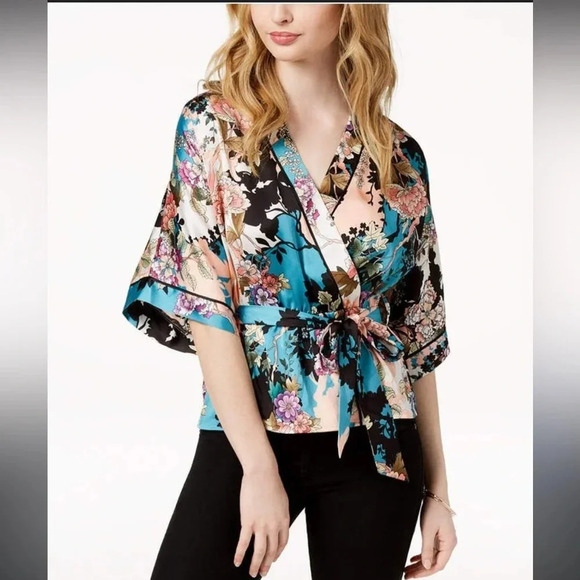 GUESS Shakira Floral Print Kimono Top Size Small Turquoise Pink - Picture 1 of 5